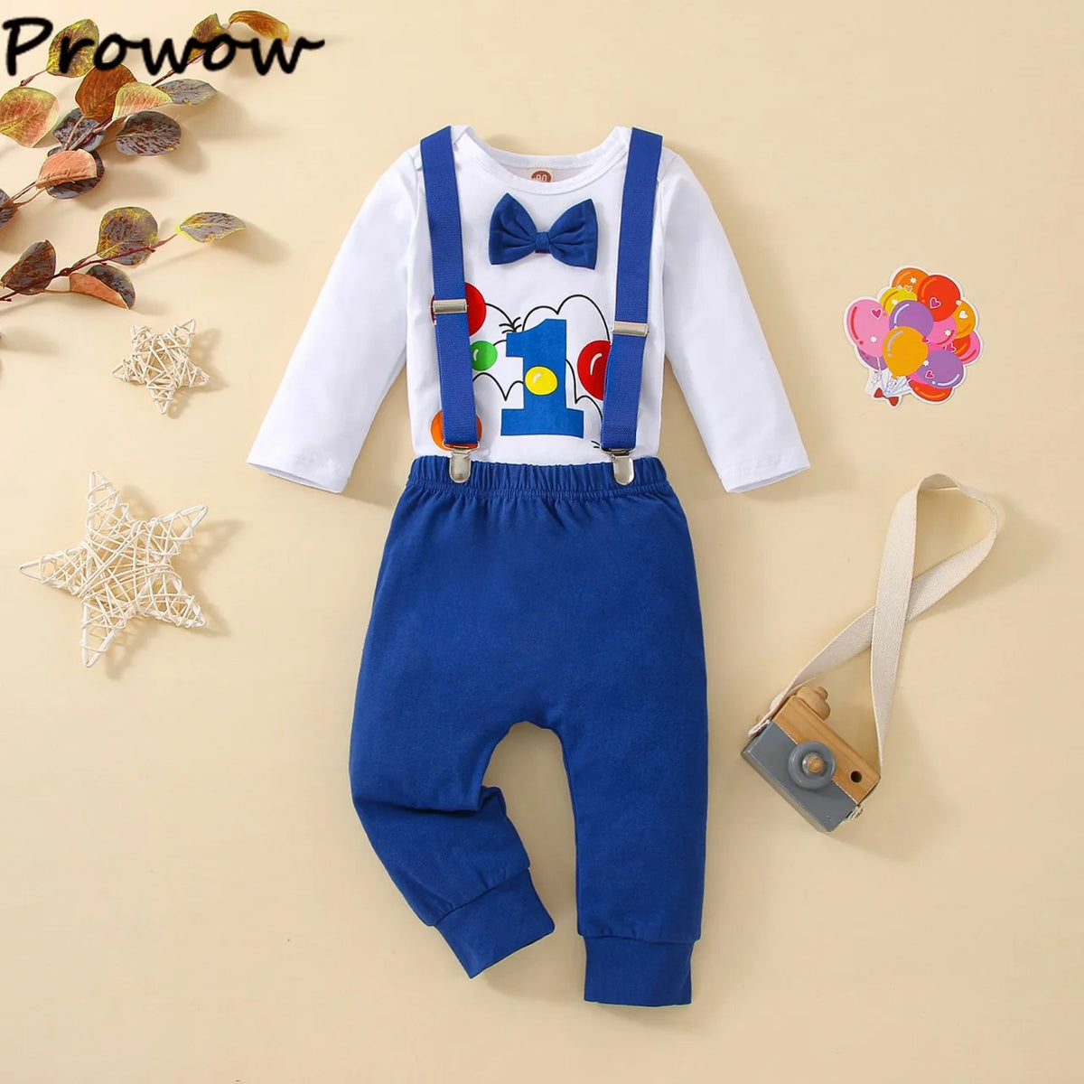 Prowow Baby Boy Cake Smash Outfits Balloon Letter"1" Romper and Y-back Strap Pants 3pcs Sets Baby Boy One Year Birthday Clothes