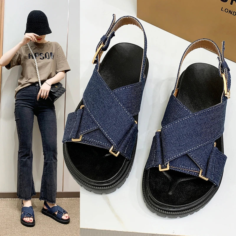 Denim Cross-strap Thick Sole Sandals Women 2025 New Summer Platform Shoes  Woman Outdoor Casual Sports Beach Shoes Slippers