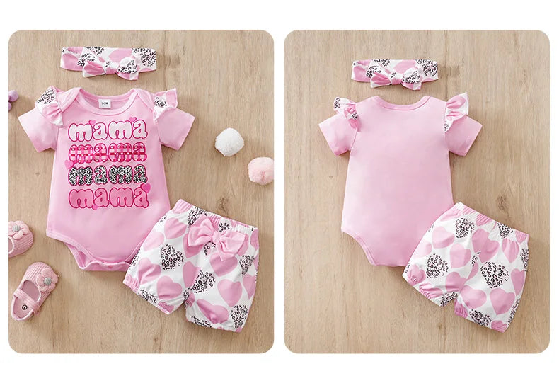 Mother's Day Themed Baby Short-Sleeved 3-Piece Set for Girls (0-18 Months), Pink Hearts and Bow Design