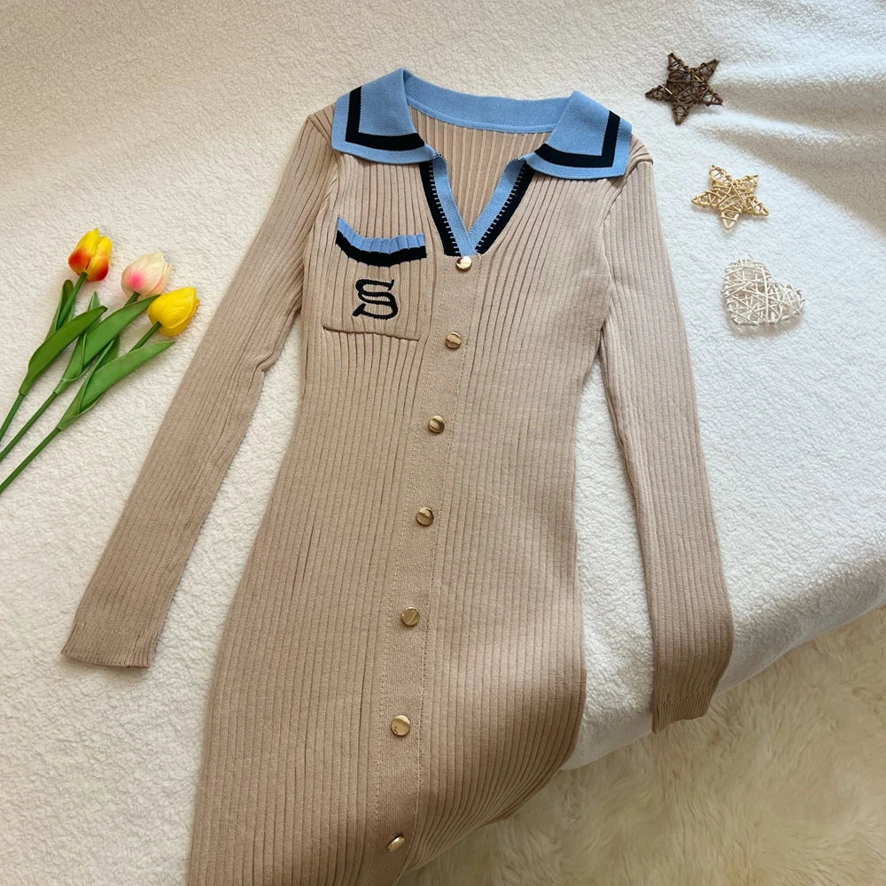 YuooMuoo Women Dress 2025 Autumn Winter Fashion Y2K Embroidery Slim Elastic Long Sweater Dress Elegant Lady Office Dress Vestido