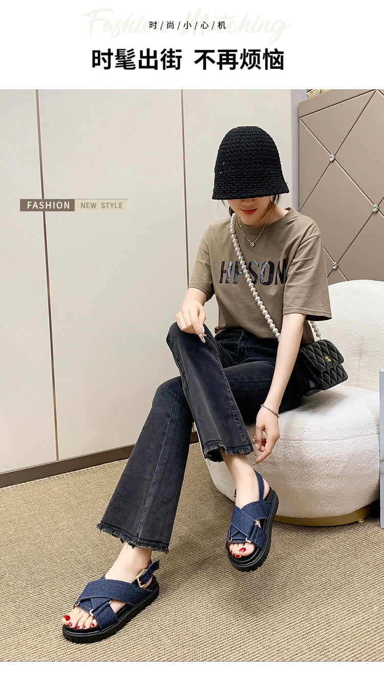 Denim Cross-strap Thick Sole Sandals Women 2025 New Summer Platform Shoes  Woman Outdoor Casual Sports Beach Shoes Slippers