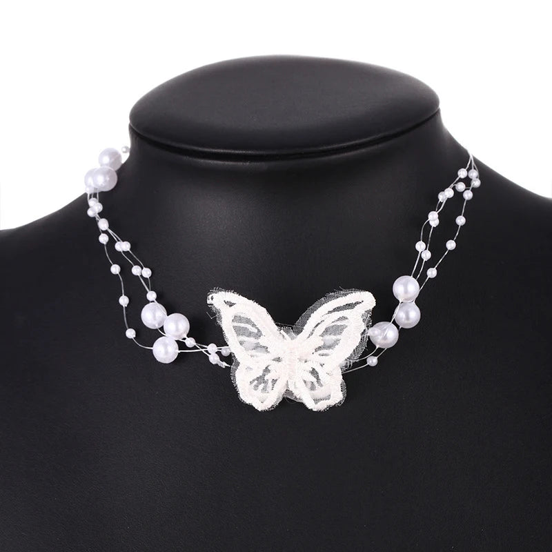Elegant Multilayer Pearl Neck Chain Fashion Butterfly Necklace For Women Wedding Jewelry Accessries Gift