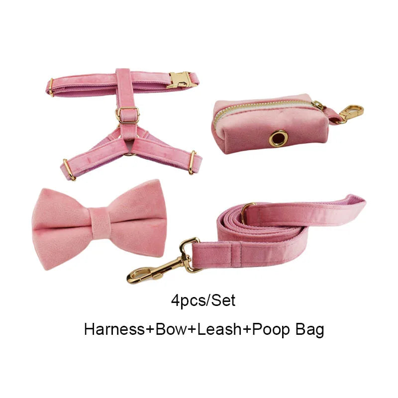 Pink Velvet Dog Collar And Leash Set For Small Medium Large Dogs Custom Engraved Nameplate Pet Supplies Dog Leash Velvet 01