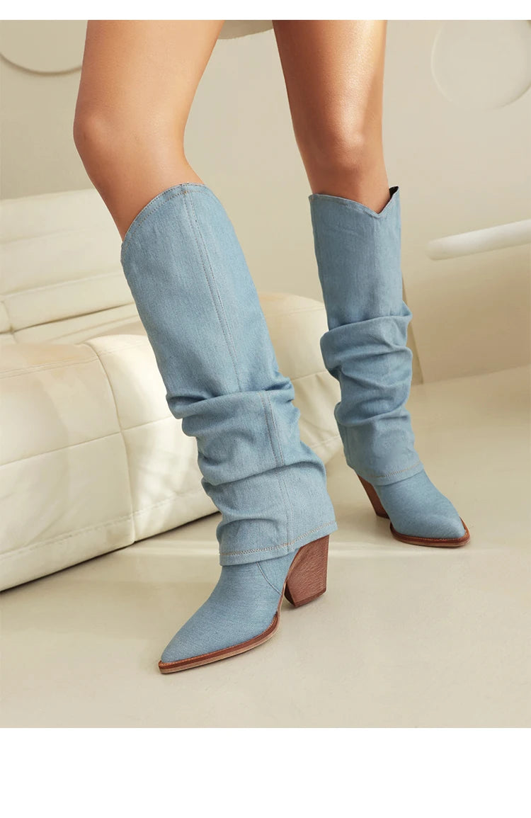 Turned-Over Edge Denim Fashion Sleeve For Women's Knee High Boots Super High Wood Grain Tapered Thick Heel New Winter Boots
