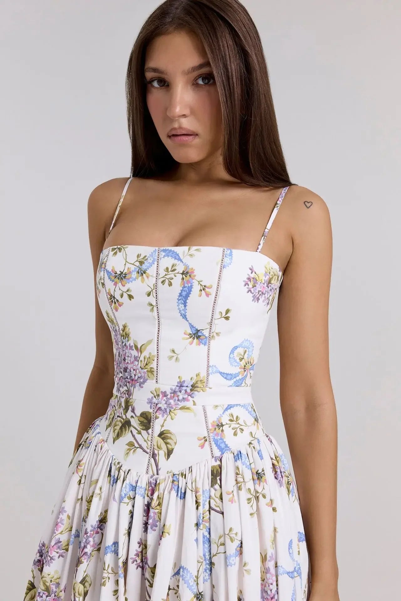 Elegant Fairylike French Style Gentle Floral Print Strapless Midi Dress Slimming Women's Fashion High End Feeling Dress