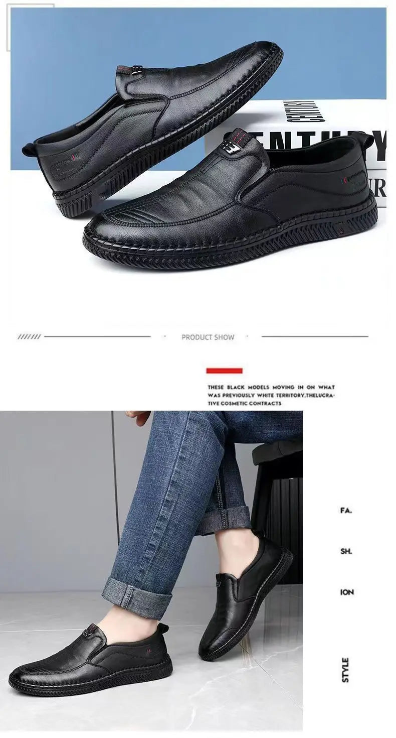 Men's Casual Thick Bottom Soft Sole Leather Shoes Dad Style Versatile Low Top Spring Autumn Season Breathable Slip-On Shoes