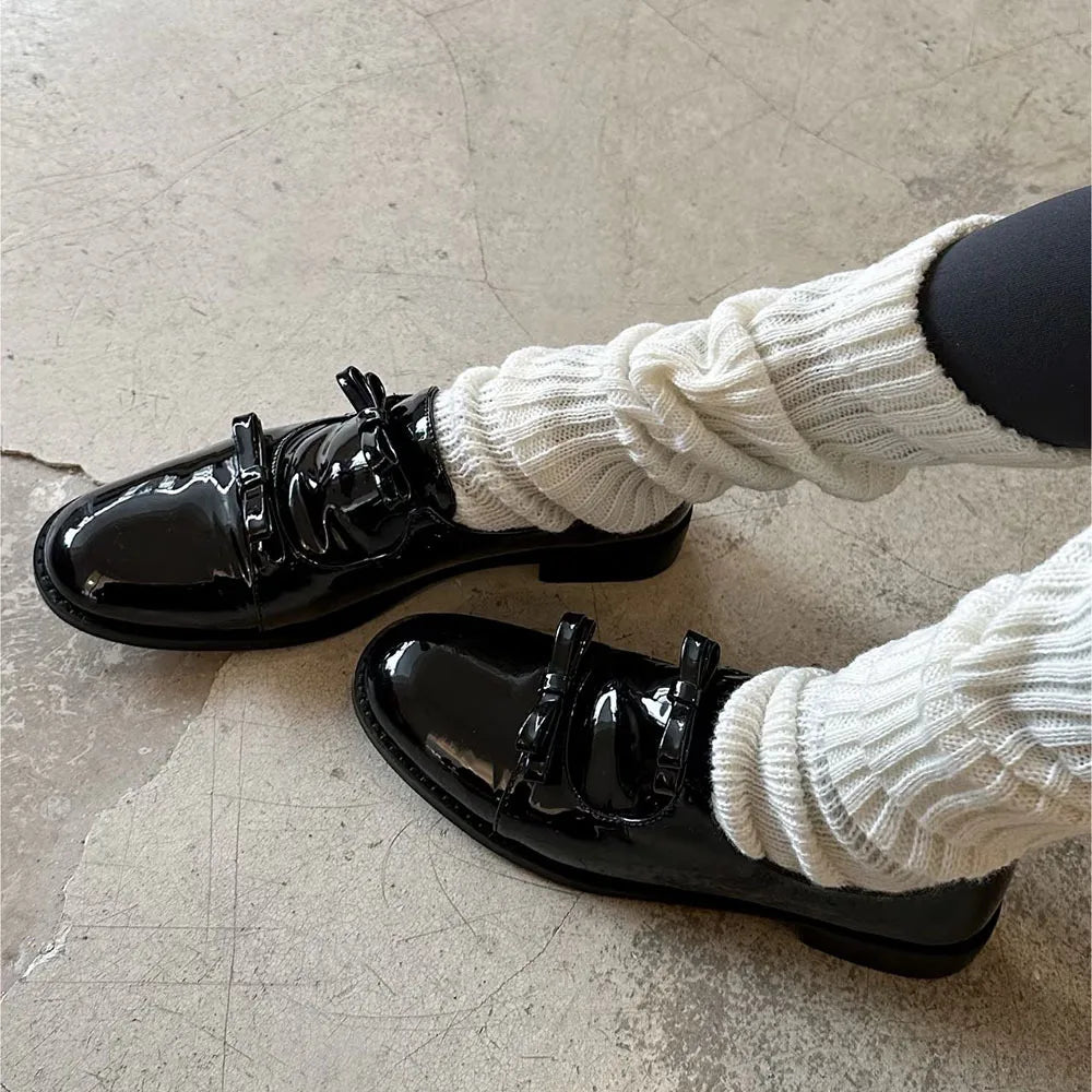 Preppy Double Bowtie Oxfords Woman Low Heels Flats Shiny Small Leather Shoes Ladies College Girls Sneakers Femmes Derby Loafers