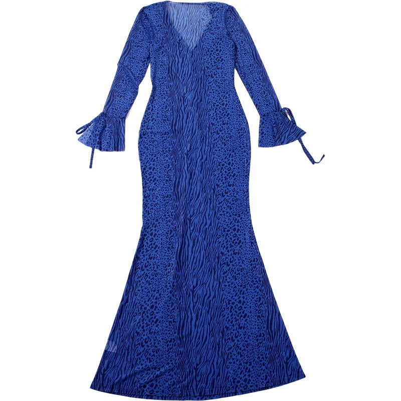 Mozision Deep V Neck Long Sleeve Sexy Maxi Dress Women Gown Elegant Leopard Print Mesh See Through Club Party Long Dresses