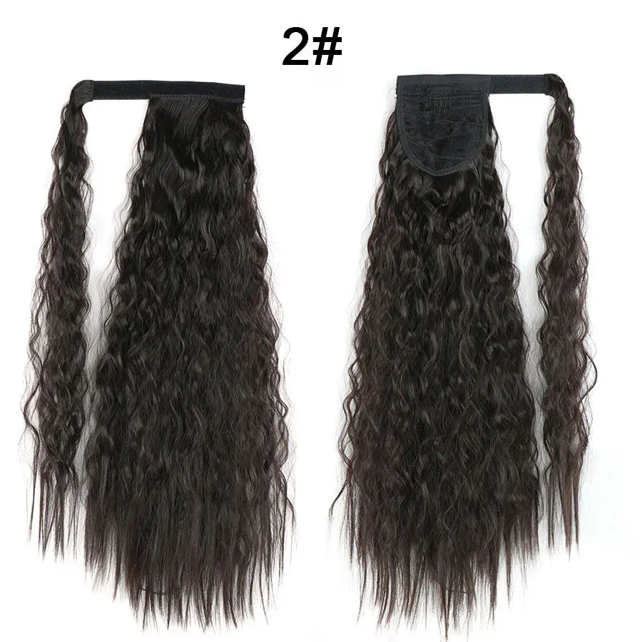 Synthetic Long Corn Wave Ponytail Extension Magic Paste Heat Resistant Wavy Wrap Around Ponytail Black Hairpiece for Women