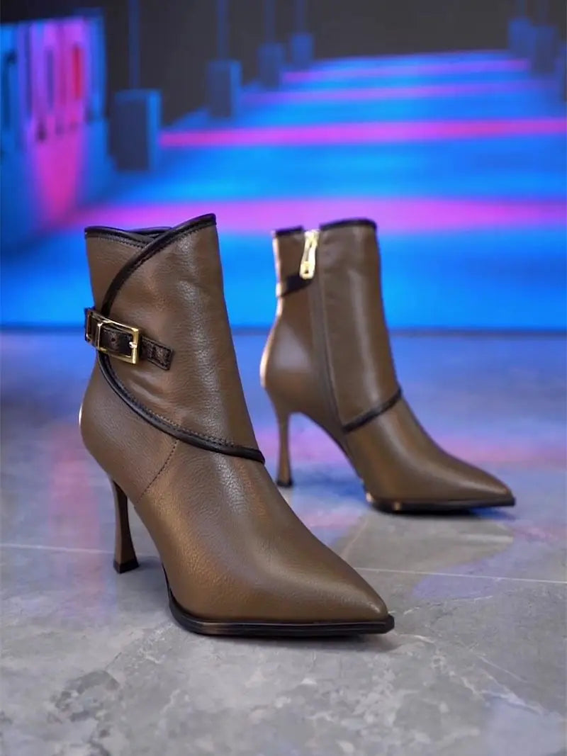 FHC New Women Ankle Boots,High Heeled Short Botas,Fashion Buckle Winter Shoes,Pointed Toe,34-39,Black,Brown,Dropship