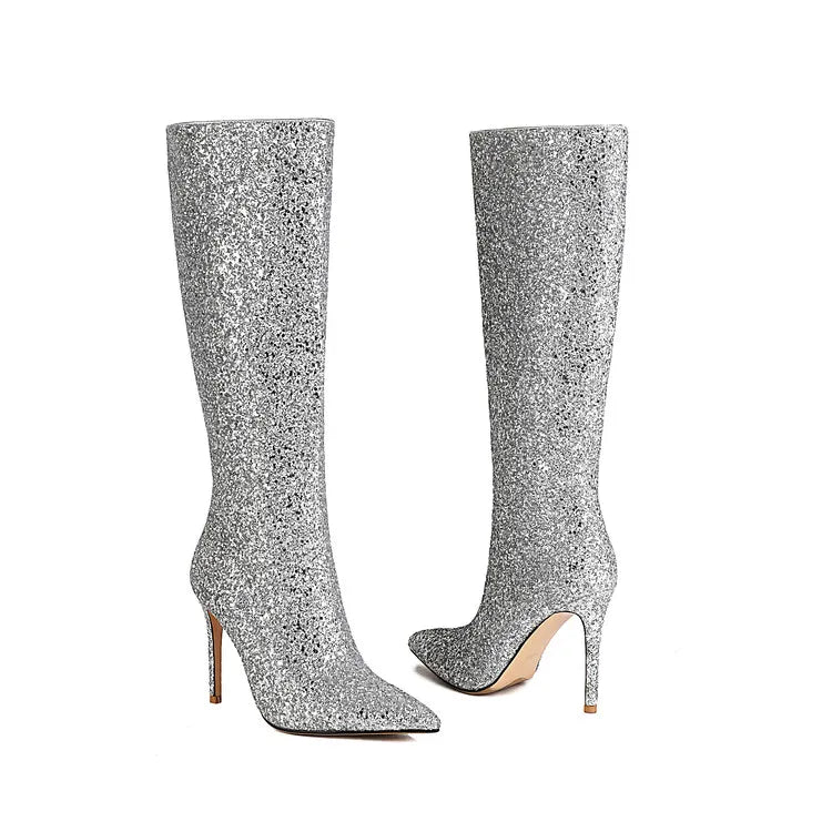 Ochanmeb Sexy Stiletto Heels Silver Red Glitter Boots Women Thin High Heeled Bling Bling Gold Sequined Knee-high Long Boot Party