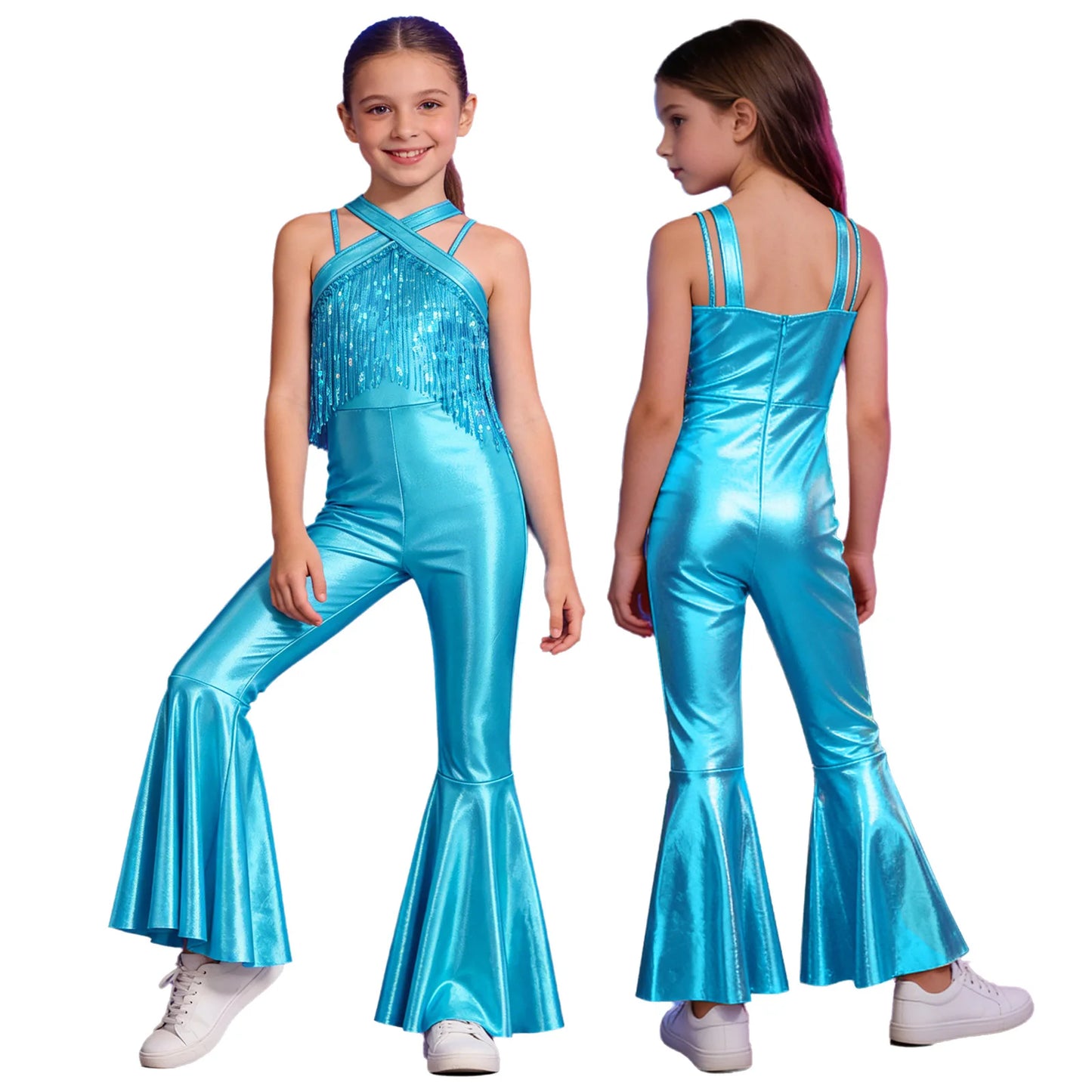 Kids Girls Hippie Halloween Costume Tassels Unitard Bell-bottom Long Pants Bodysuit Jumpsuit Disco Dance 60s 70s Rave Party Wear