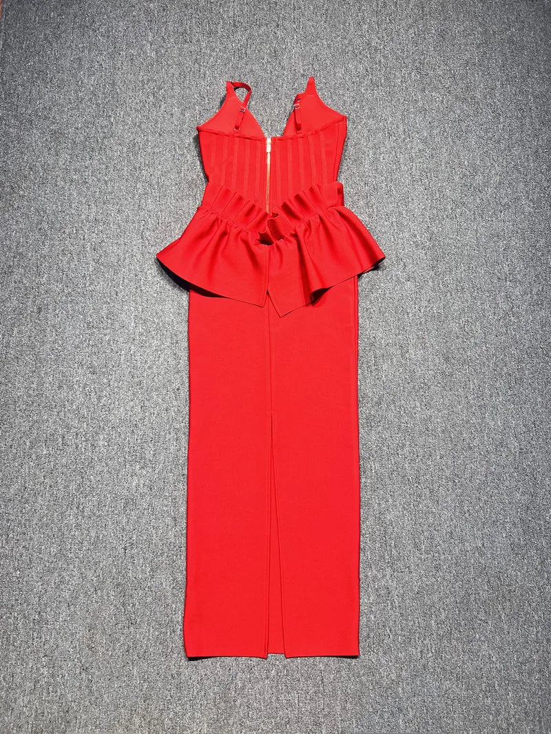 Valentine's Day Women Sleeveless V-Neck Ruffles Bodycon Long Bandage Dress Celebrate Evening Party Birthday Cocktail Dress