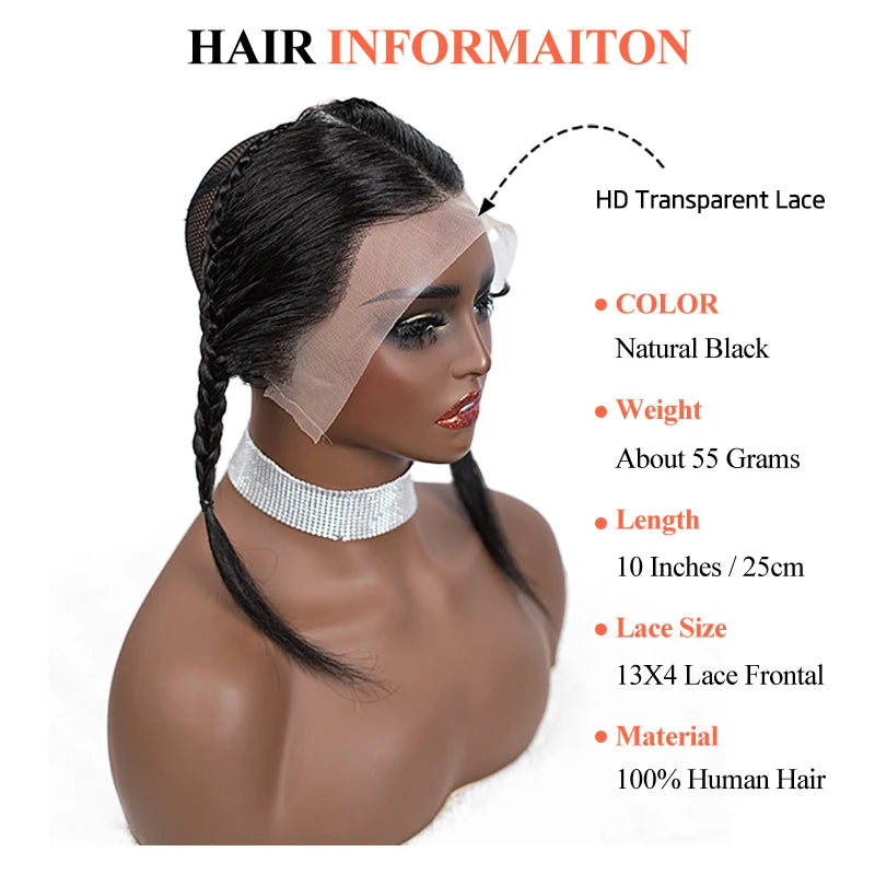 10 Inches 13x4 Inch Lace Front Plait Wig Black Gele Frontal Wig 100% Human Hair with Baby Hair Wig for Women