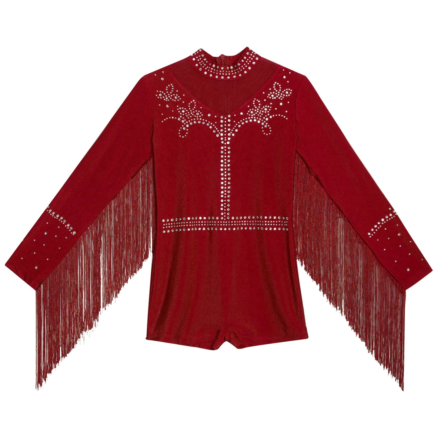 Girls Leotards Jumpsuit for Jazz Latin Skating Competition Costume Tassels Long Sleeve Rhinestones Bodysuit Modern Dancewear