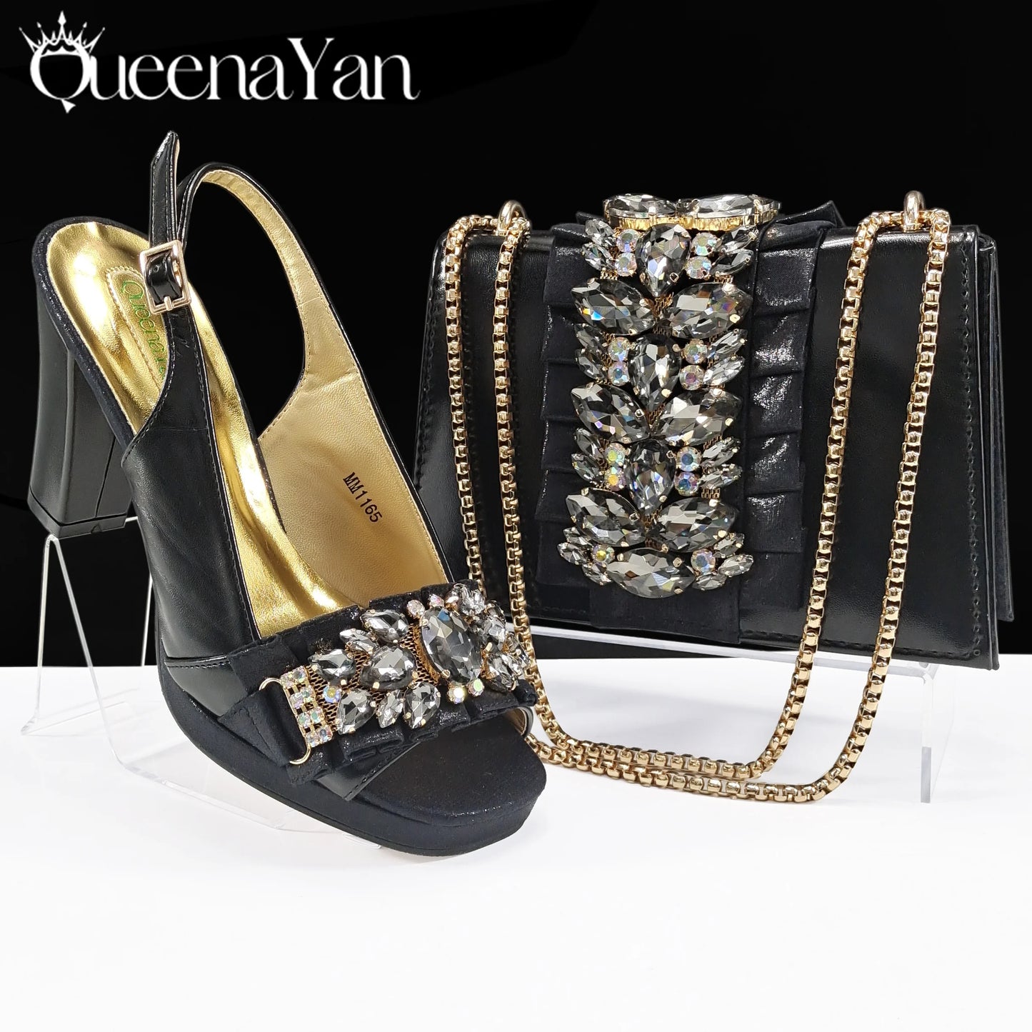 Queena Yan Spot goods Elegant Women Heels Shoes and Bag Set Decoration Rhinestones Women High Heels Shoes OL Bag And Shies