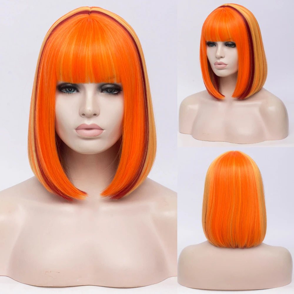 MSIWIGS Women Synthetic Straight Short Bob Wigs With Bangs Blue Golden Red Black White Purple Green Brown Cosplay Wig Female