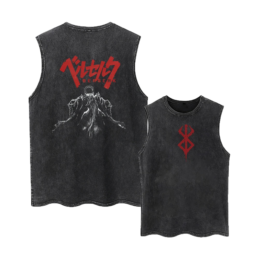 Berserk Logo Graphic Tank Top Manga Print Vest Men Women Sleeveless Shirt Vintage Washed Oversized 100% Cotton Gym Clothing
