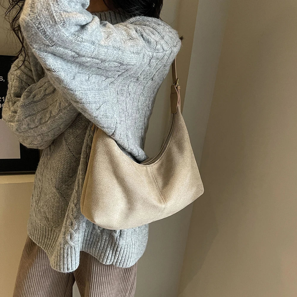 Vintage Handbag Purse for Women Suede Shoulder Bag Causal Crossbody Bags Female Luxury Designer Clutch Ladies Crescent Hobo Bag