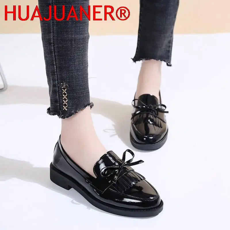 Black Patent Leather Women's Loafers Platform Slip on Shoes for Women 2025 New Spring British Tassel Casual Flats Shoes Woman