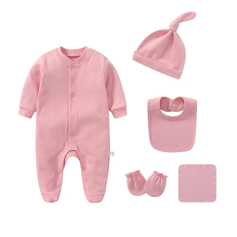 Unisex 5Pcs Newborn Baby Long Sleeve Cute Cotton Romper Jumper + Hats + Mittens+ Bib+Towel Infant Clothes Set