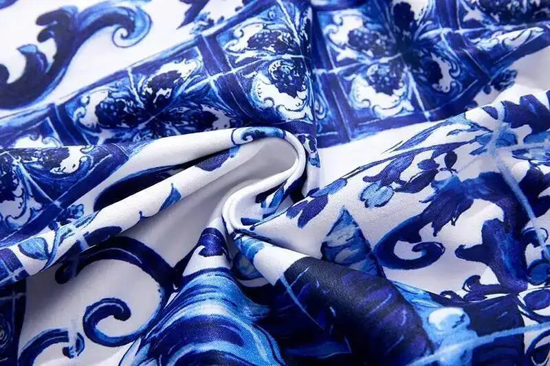 JAMERARY Summer Runway Blue White Porcelain Print Midi Dress Women's Straps Flare Sleeve Elastic Waist Cotton Floral Vestidos