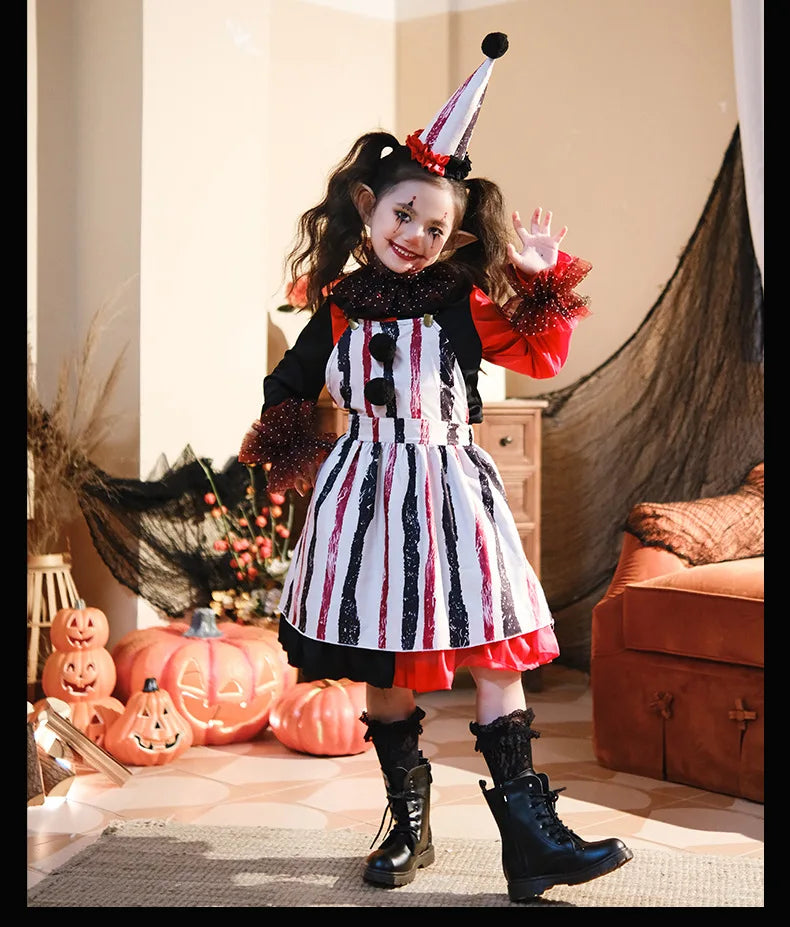 Halloween Cosplay Costumes Horror Clown Dresses Pants Headwear Clothes Sets Carnival Theme Party Role Playing Outfits for Girls