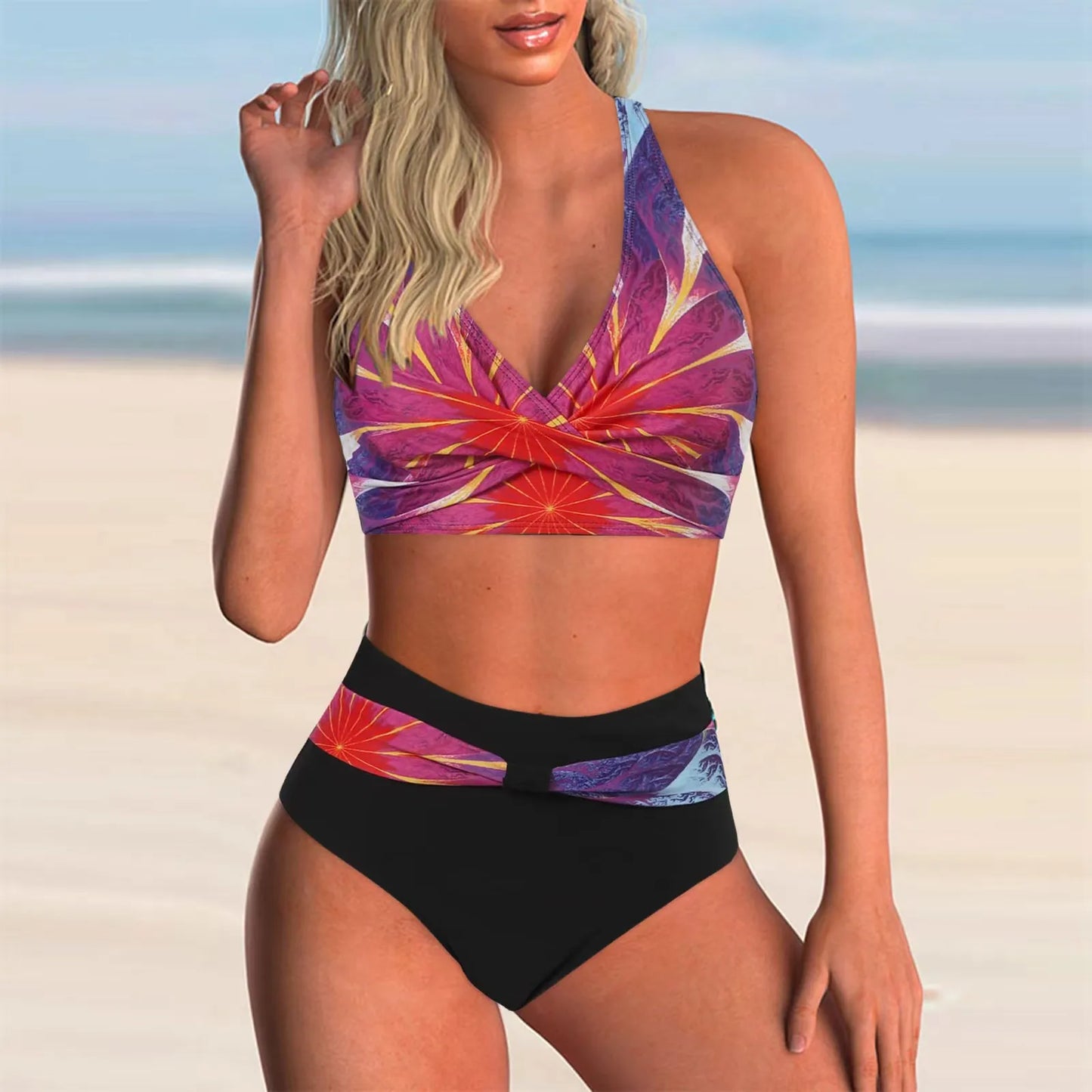 Circyy Print Swimsuit Women Split Swimsuit Contrast Color Striped Dot Bikini Set High Waisted Fashion Beachwear Summer 2025 New