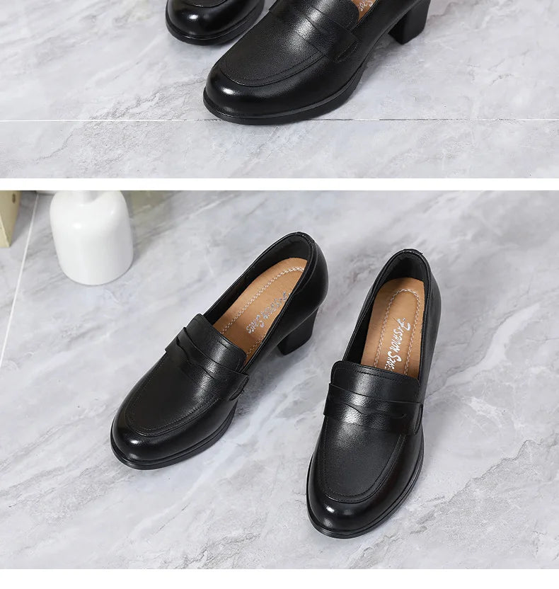 GKTINOO Pumps Women Genuine Cow Leather Round Toe Slip-On Loafers Med Heel Lady Shoes Handmade Women's Work Shoes