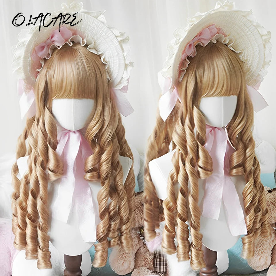 Synthetic Long Curly Wavy Lolita Wig with Bangs Wig Girl Cute Ombre Pink Blonde Black Cosplay Party Halloween Harajuku Wig