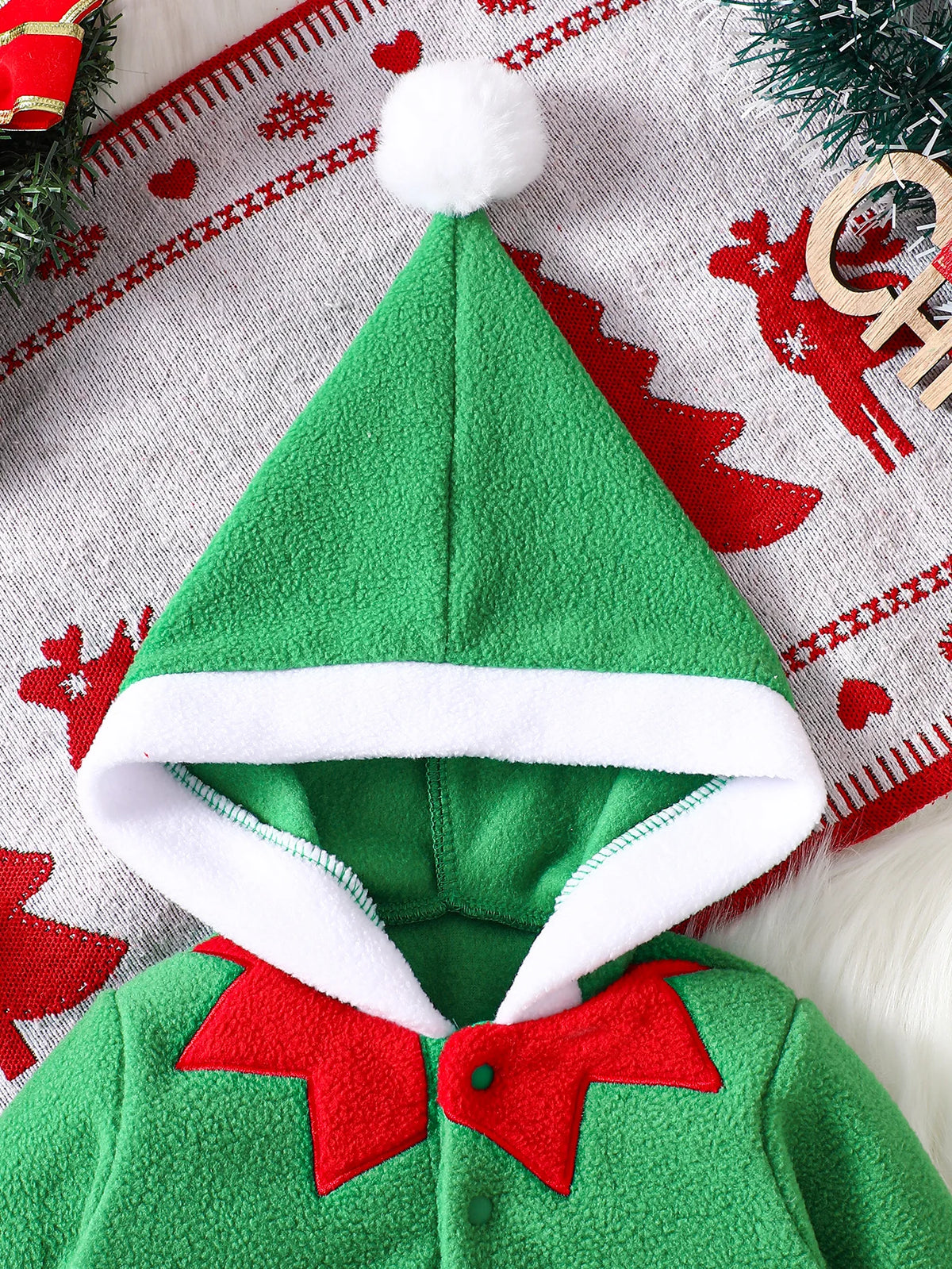IURNXB Baby Hooded Green Fleece Bodysuit Infant Christmas Elf Costume Set Newborn Santa Elf Outfits for Xmas Party 1-18M