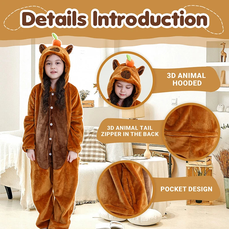 MICHLEY Christmas Capybara Flannel Blanket Sleepers Onesie Hooded Children Costume Clothes Jumpsuit Sleepwear For Boys Girls