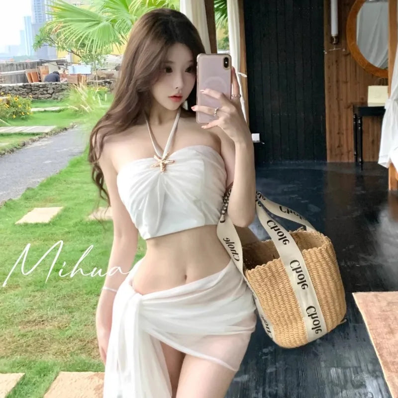 Swimsuit Women's High-end New Water Tone Sexy Pure Desire Bikini Three Piece Set Beach Vacation Hot Spring Neck Hanging Swimsuit