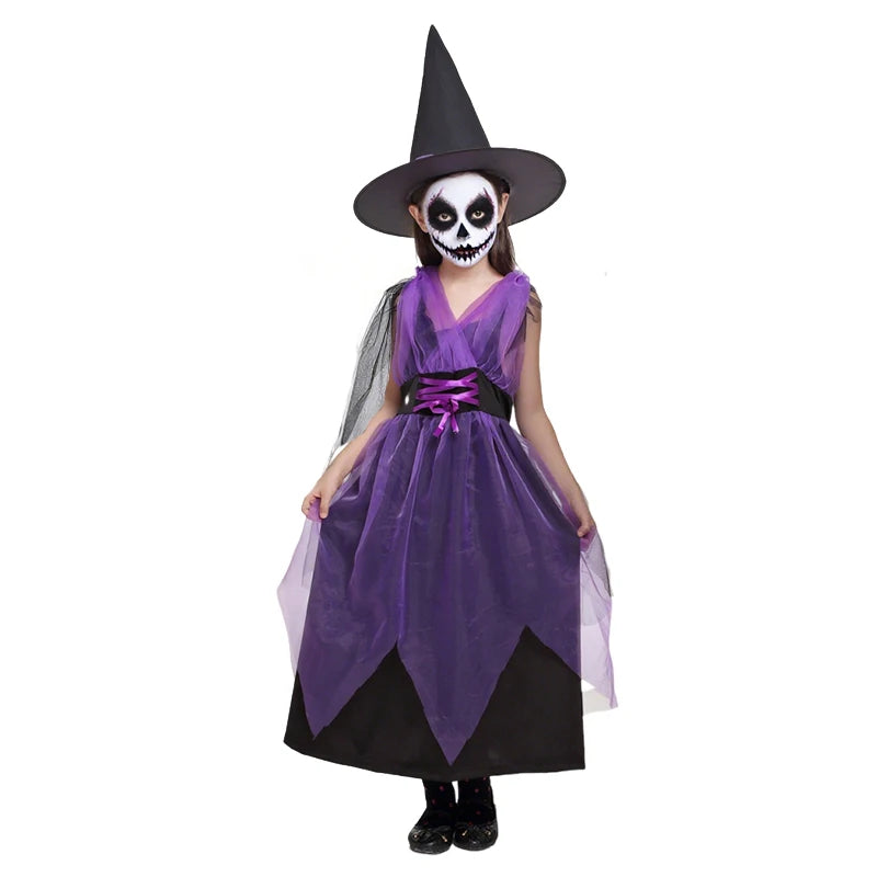 2-12T Halloween Costume for Kids Girls Purple Bat Dress Carnival Vampire Costume Witch Cosplay Clothes Carnival Party Gifts