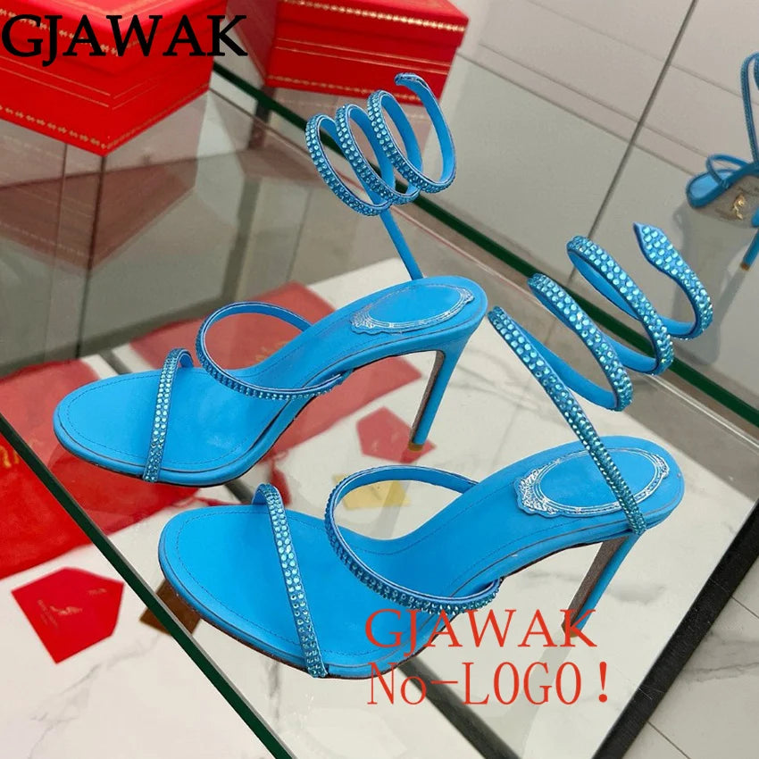 Summer Crystal Bowknot High Heels Sandals Woman Twine Around Ankle Snake Wedding Shoes For Woman Runway Gladiator Sandals Women