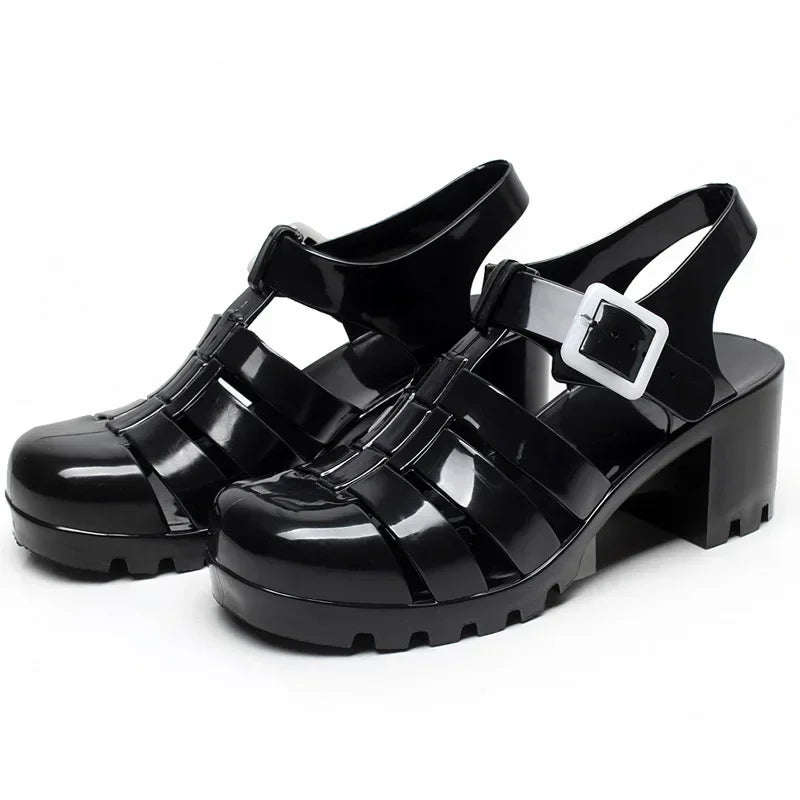 2025 Summer Women Casual Jelly Shoes Heel Women Square High Heels Transparent Platform Sandal Lady Bling Silver Sandals
