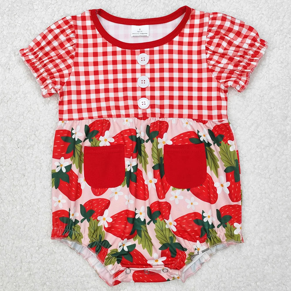 New Fashion Baby Girls Rompers Pink Checkered Flowers Short Sleeve Rompers Boutique Toddler Girls Bubbles Summer Baby Onesie Hot