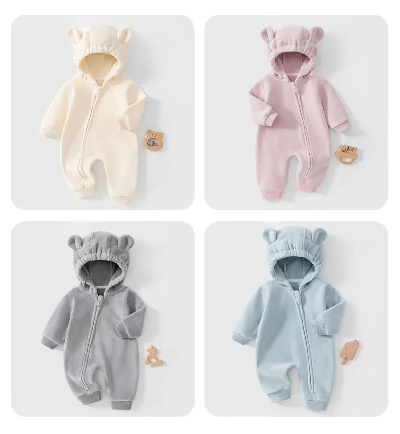 2026 Autumn Casual Baby Bodysuit Cute Bear Ear Long Sleeve Hooded Jumpsuit for 6M-3T Boys Girls Soft Warm Infant Romper