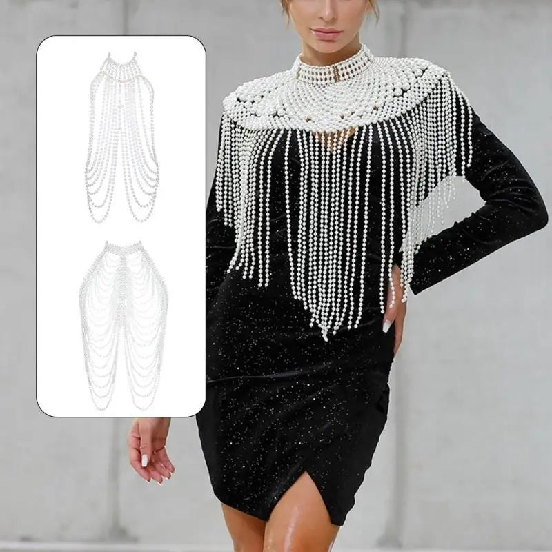 P9FE Fringed Pearls Shawl Wrap for Female Shoulder Chain Necklace Elegant Bride Shawl Formal Dress Shoulder Wrap Body Chain