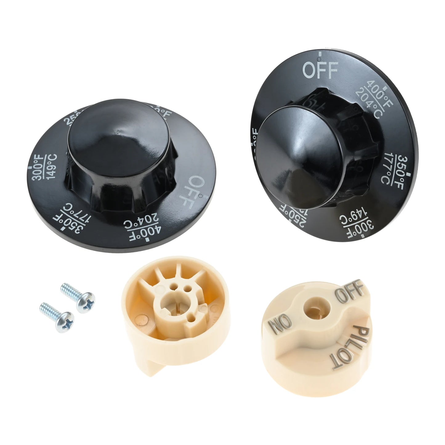 2 Sets Control Valve Beige Pilot Dial Knob and 200-400°F Thermostat Knob for Fryers, Range, Braising