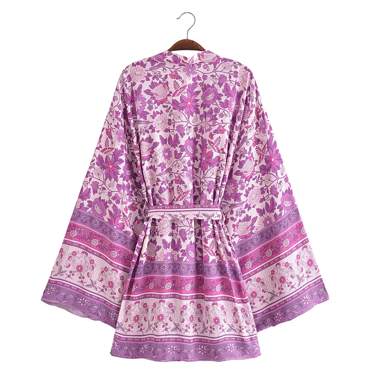 BOHO Women Blue With Pink Flower Print Kimono Shirt Holiday Tide Bow Sashes Mid Long Cardigan Summer Blouse Beach Cape