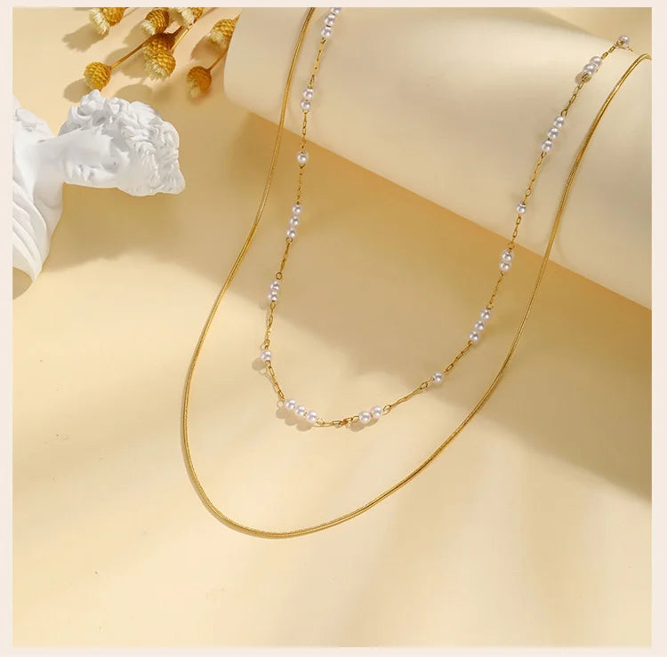 Pearl Choker Necklaces For Women, Double Layered Pearls Chain Necklace, Minimalist Stainless Steel Wedding Jewelry