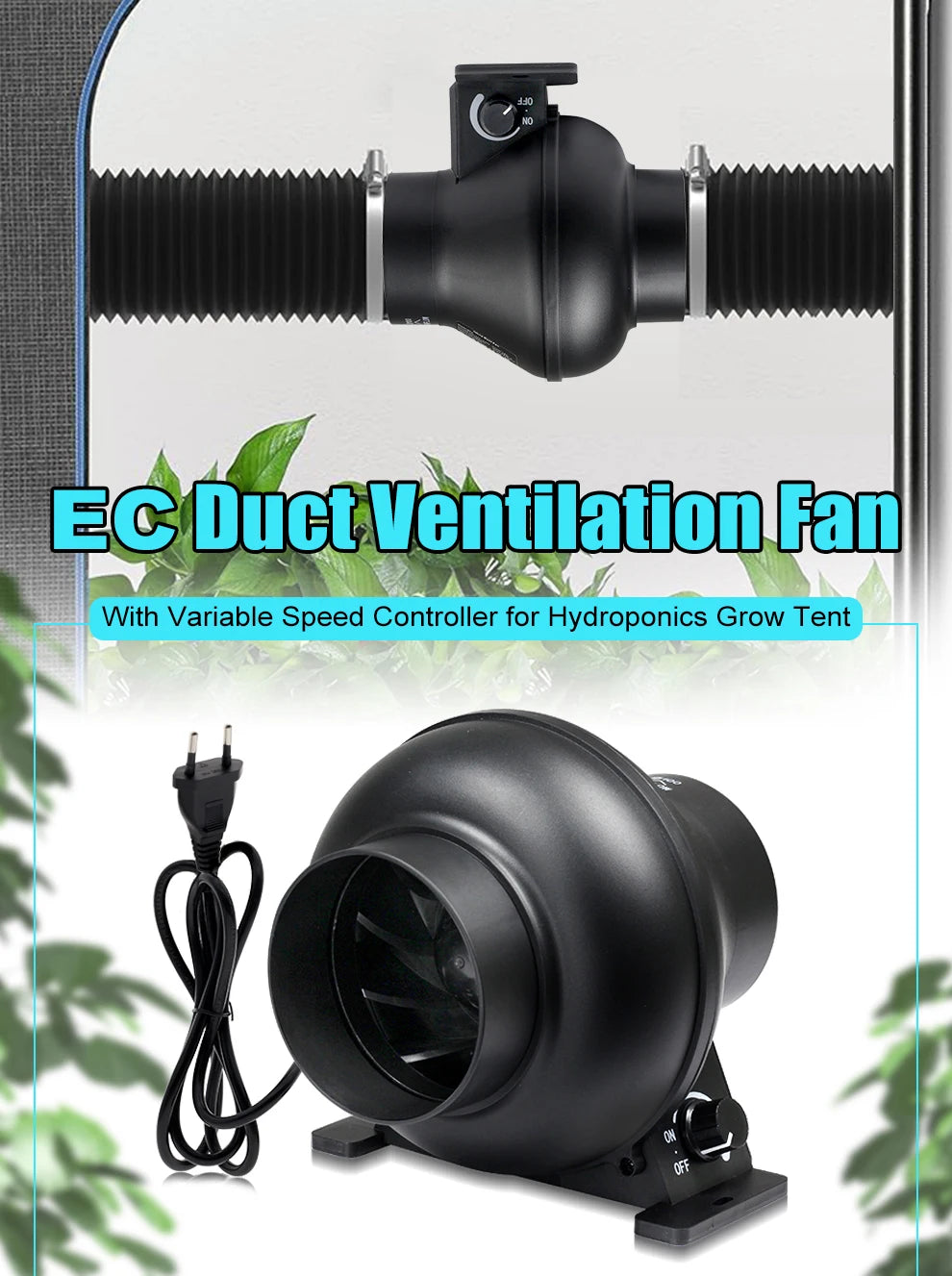 4'' EC Duct Ventilation Fan, Duct Mount Fan with Adjustable Speed Controller, Cooling Fan For Greenhouse Grow Tent Ventilation