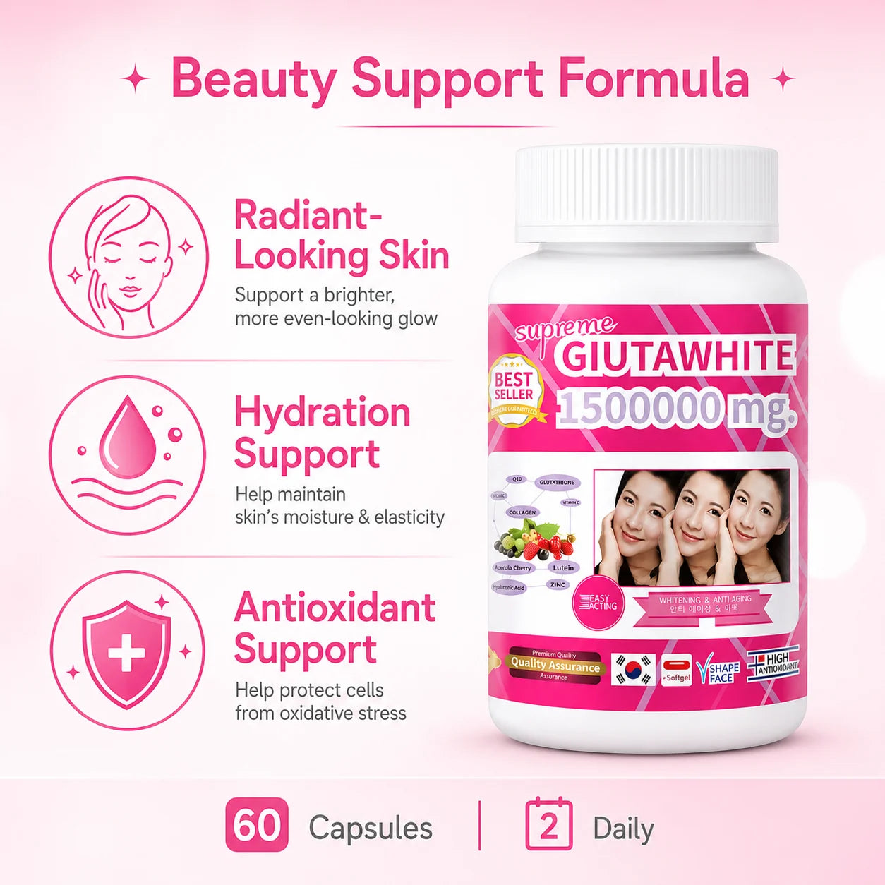 Glutathione Beauty Complex with Collagen, Vitamin C, CoQ10, Hyaluronic Acid & Biotin, Antioxidant Skin Support, 60 Capsules