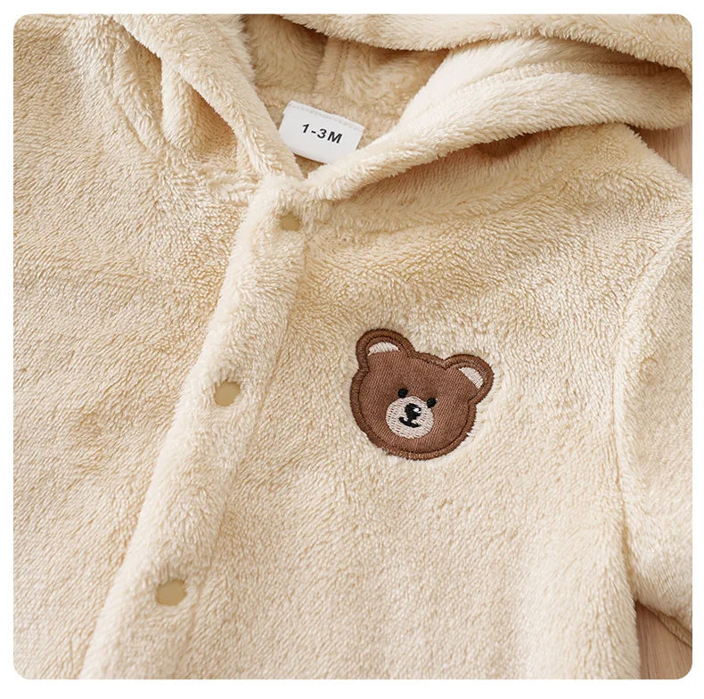 Newborn Baby Romper Winter Flannel Beige bear Hooded ears long sleeve Unisex Baby Pajamas 0-18 months Comfort Clothes