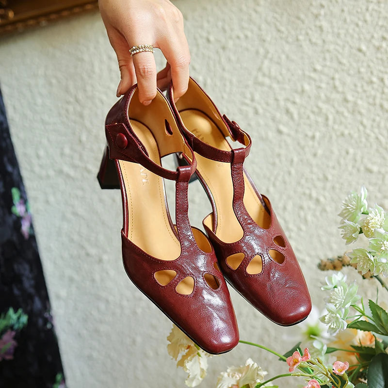 EAGSITY Cow leather square heel pointed toe sandals Women sandals shoes high heel pumps ankle strap shoes