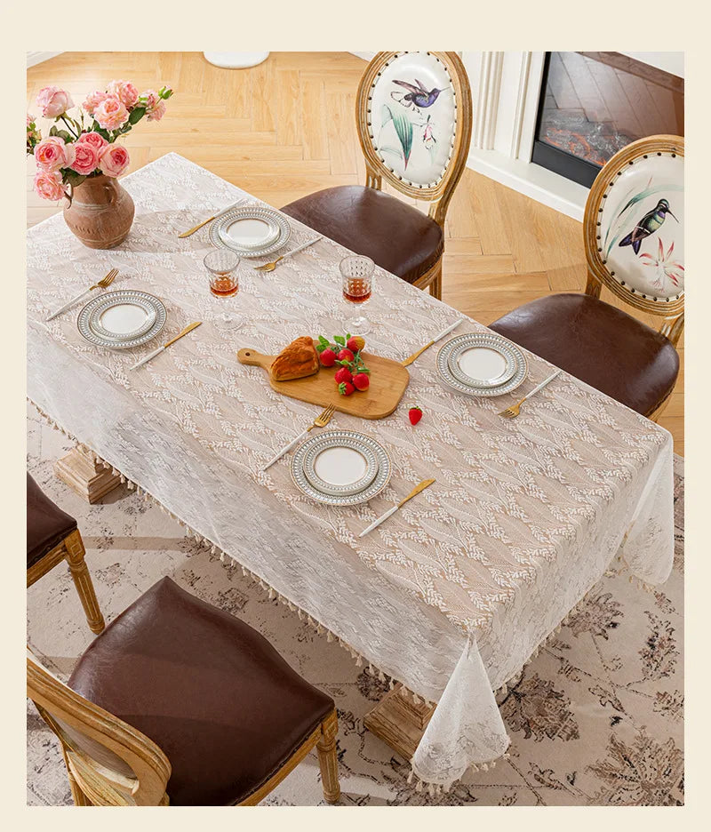 French Rose Lace Tablecloth, Rectangular Dining Tablecloth, Home Coffee Table Wedding Decoration Cover,