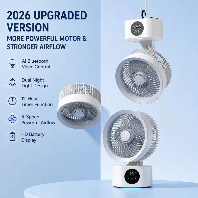 Portable Air Circulation Fan Smart Voice Remote Control USB Rechargeable Desktop Wall-Hanging Shaking Head Fan with Nightlight