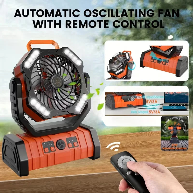Remote-Controlled Timed Oscillating Tent Hanging Fan, 20000 Mah Rechargeable Fan with Led Light, Portable Camping Ceiling Fan, Suitable for Camping Enthusiasts