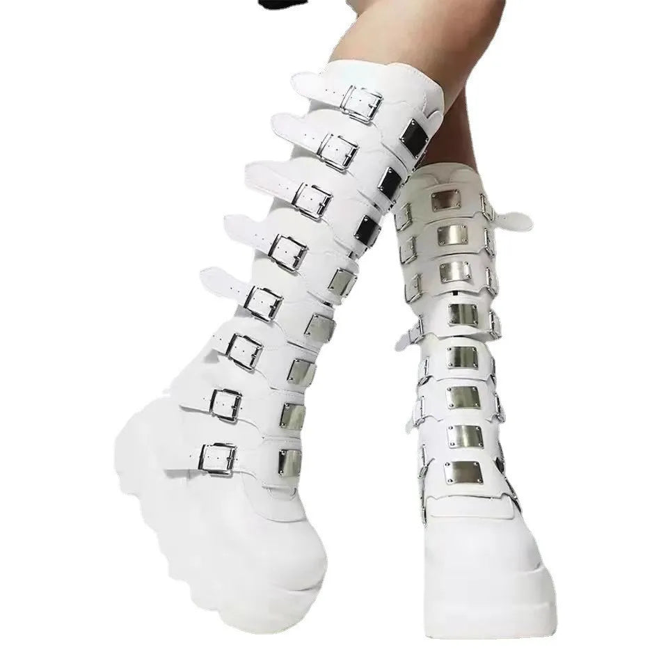 Flat Platform Zipper Women's Rubber Shoes Women Round Toe Knee High Boots Punk Motorcycles Boots Cosplay Cool Girls